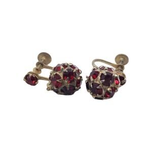 Vintage Red Rhinestone Covered Disco Ball Earrings Gold Plated 1970 Dangle Drop